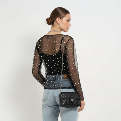 Chic Long Sleeve Sheer Top with Pearl Details - Non-Stretch Polyamide Layering Essential Cherie Code