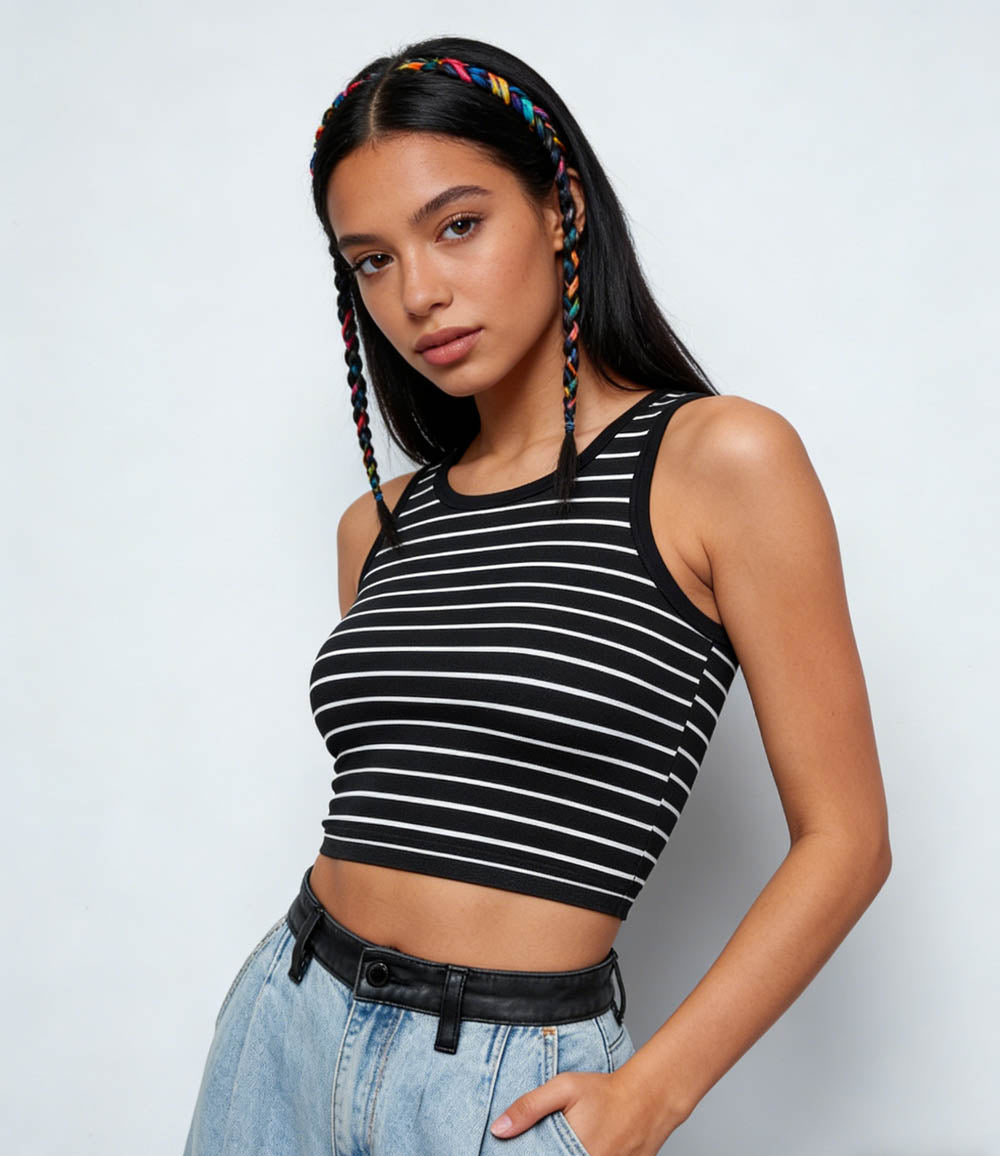 Cherie Code Women's Striped Ribbed Crop Tank Top – Sleeveless,  Casual Summer Tee