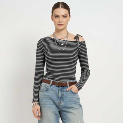 Cherie Code Women’s Grey Stripe One‑Shoulder Tie Long‑Sleeve Tee – Chic Ribbed Knit Casual Top