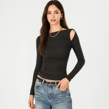 Cherie Code Women’s Cut-Out Top – Stretch Knit, Long Sleeve, Adjustable Ruched