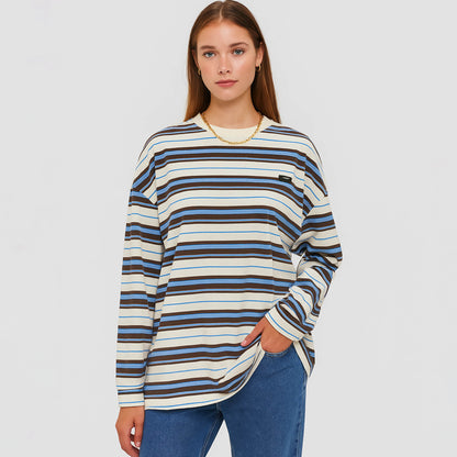 Cherie Code Women’s Stripe T-Shirt – Cotton Blend, Long Sleeve, Boxy Fit