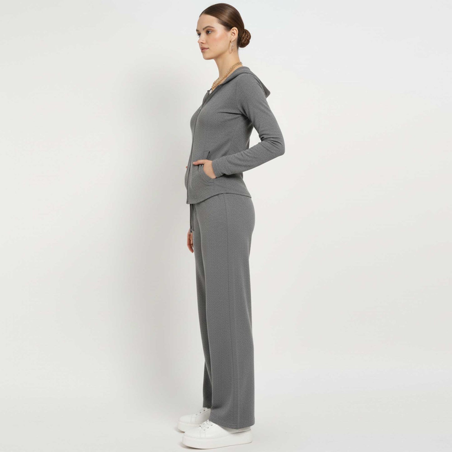 Cherie Code Women’s Hooded Zip‑Front Jacket & Wide‑Leg Pant Set – Long Sleeve Lounge Two‑Piece in Grey
