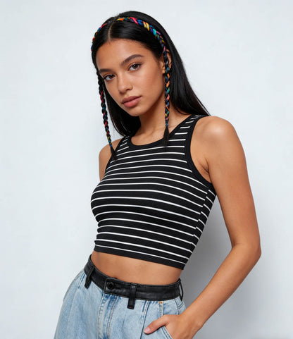 Cherie Code Women's Striped Ribbed Crop Tank Top – Sleeveless,  Casual Summer Tee