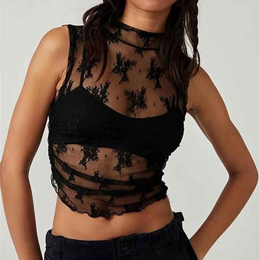 Women's Sheer Floral Lace Sleeveless Crop Top – Cherie Code
