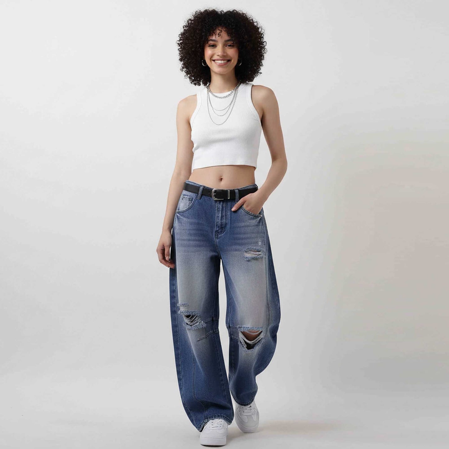 Women's Barrel Leg Baggy Jeans – High Rise Vintage Wash Slouchy Fit Denim by Cherie Code