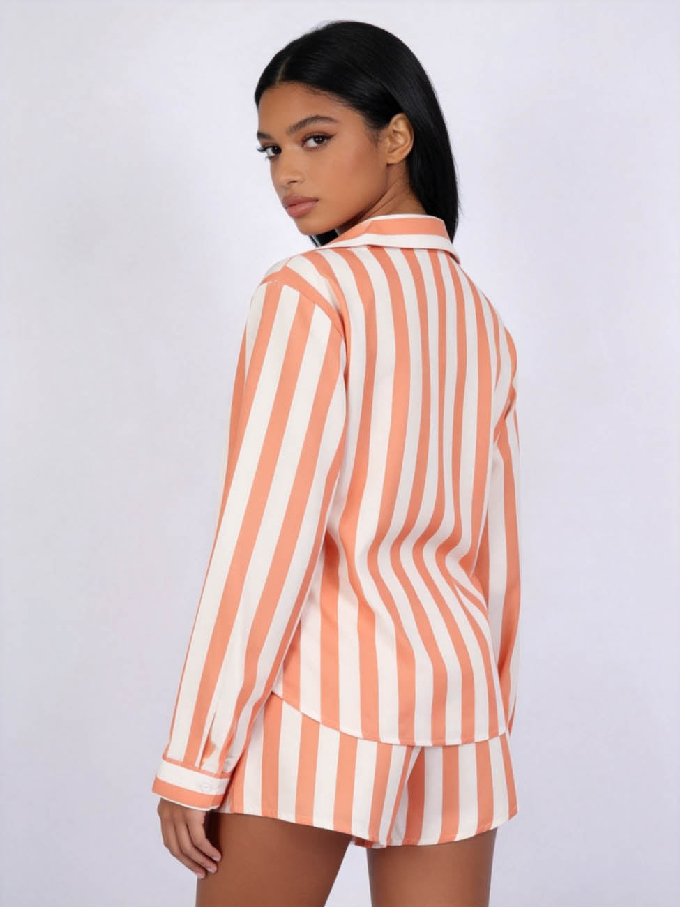 Women's 3-Piece Striped Lounge Set – Button Down Shirt, Triangle Bralette & Elastic Waist Shorts, Lightweight Summer Matching Outfit