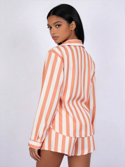 Women's 3-Piece Striped Lounge Set – Button Down Shirt, Triangle Bralette & Elastic Waist Shorts, Lightweight Summer Matching Outfit