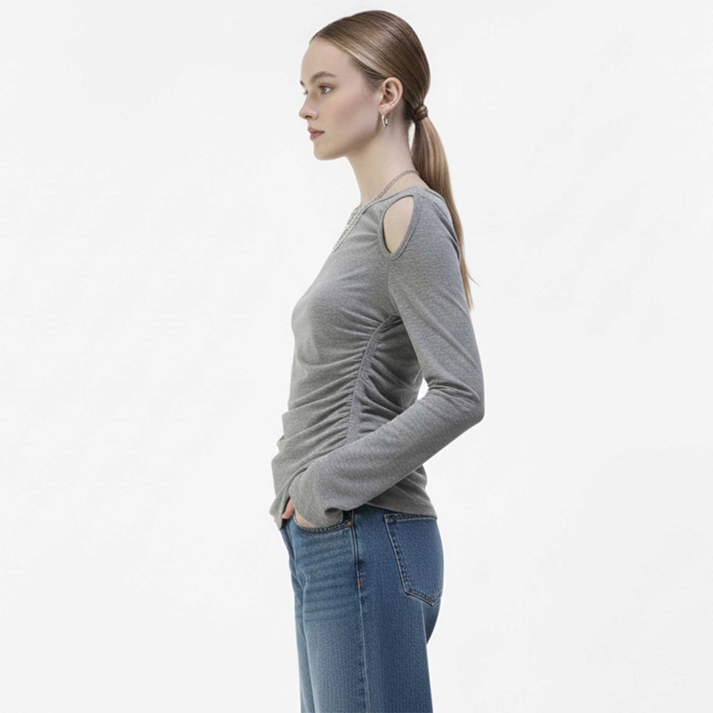 Cherie Code Women’s Cut-Out Top – Stretch Knit, Long Sleeve, Adjustable Ruched