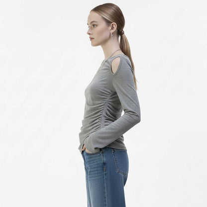 Cherie Code Women’s Cut-Out Top – Stretch Knit, Long Sleeve, Adjustable Ruched