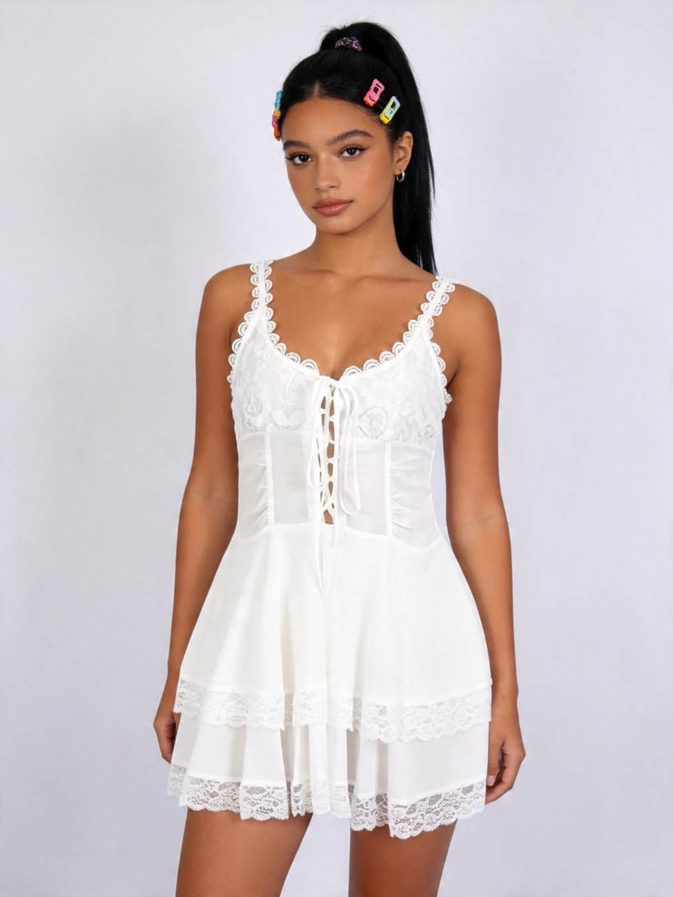 Women's Floral Lace Mini Dress - 100% Cotton Sleeveless with Tie Detail Tunic Cherie Code
