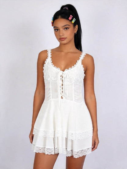 Women's Floral Lace Mini Dress - 100% Cotton Sleeveless with Tie Detail Tunic Cherie Code