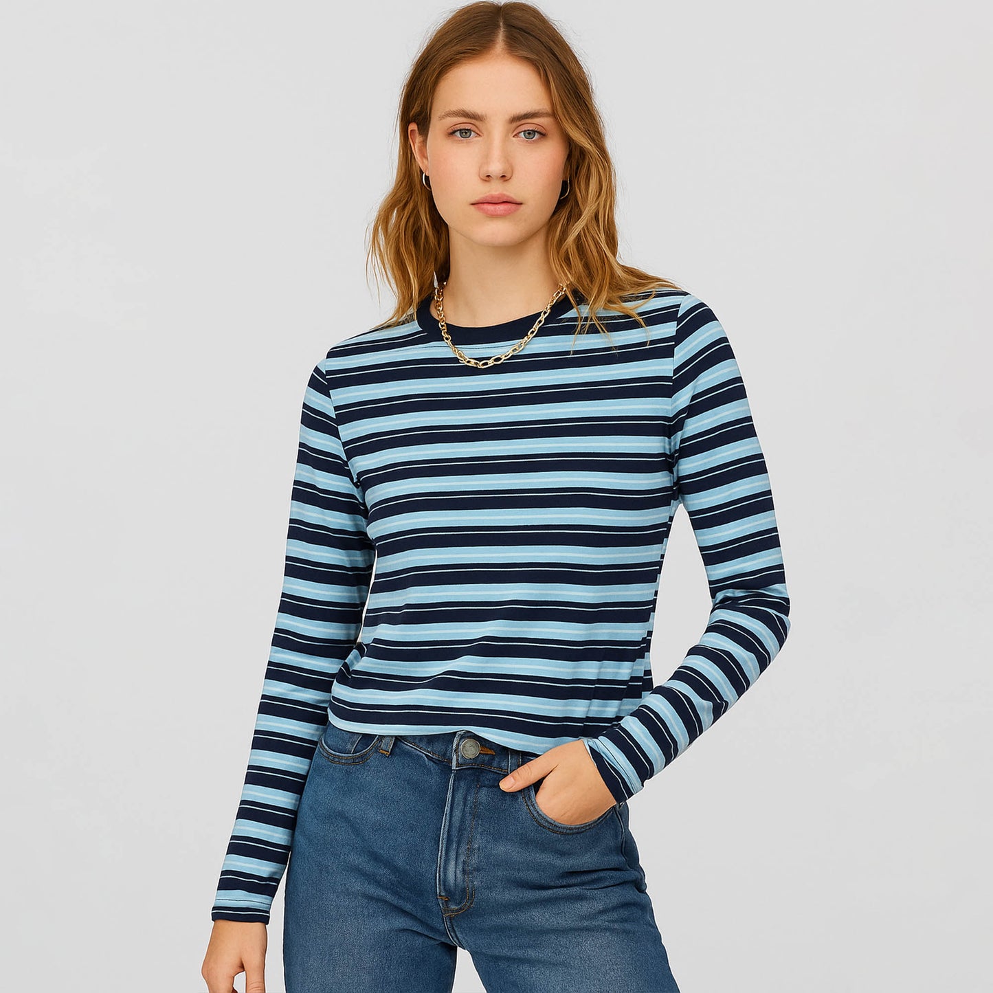 Cherie Code Women’s Crop Tee – Stripe Pattern, Long Sleeve, Boxy Fit