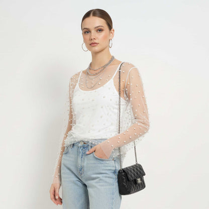 Chic Long Sleeve Sheer Top with Pearl Details - Non-Stretch Polyamide Layering Essential Cherie Code