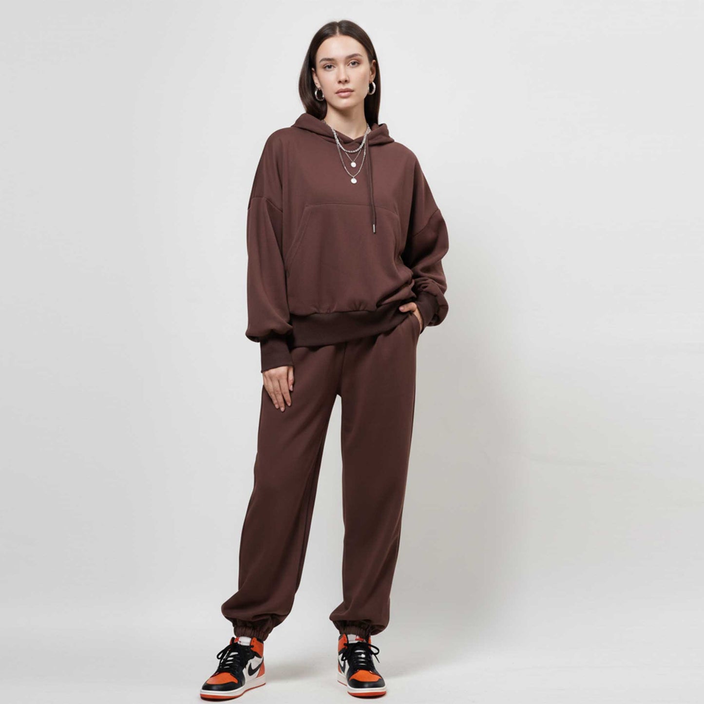Cherie Code Women’s Brown Velour‑Lined Hoodie & Jogger Set – Pullover Hooded Sweatshirt with Elastic Waist Pants