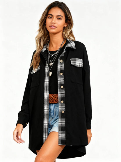 Women’s Long Sleeve Button-Down Shirt Jacket with Plaid Trim – Soft Stretch Fabric