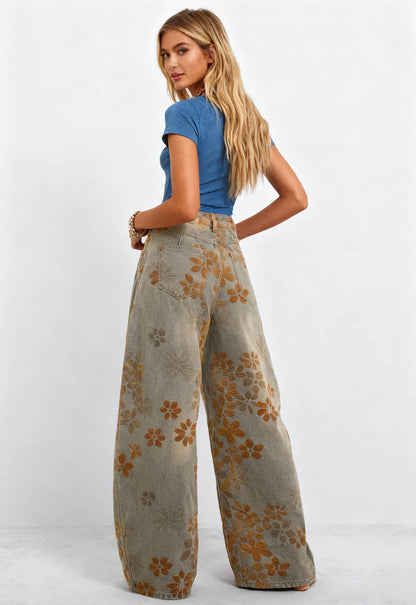Cherie Code Women’s High-Rise Barrel Leg Denim Pants – Floral Print, Stretch Cotton Blend