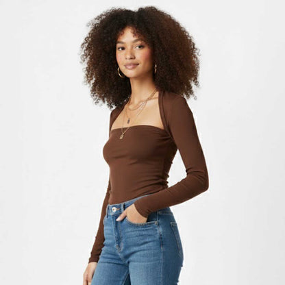 Cherie Code Women’s Square Neck Top – Rib Knit, Long Sleeve, Bolero Detail