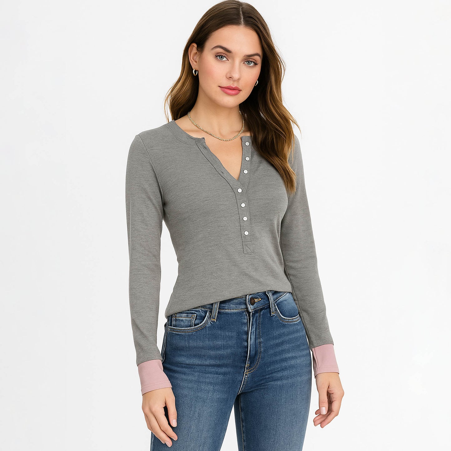 Cherie Code Women’s Henley Top – Rib Knit, Long Sleeve, Contrast Detail