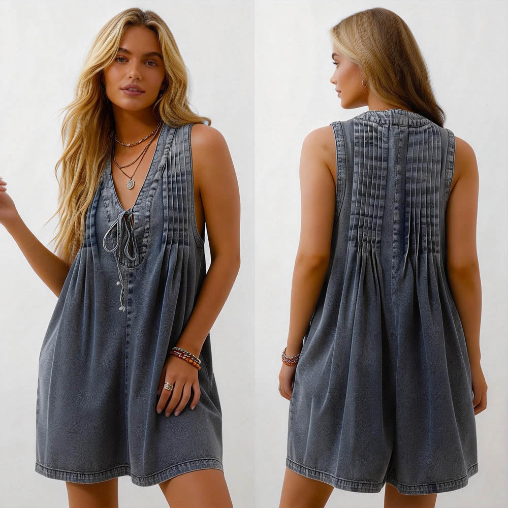 Women's Denim Romper - Sleeveless V-Neck Jumpsuit with Tie Front & Pockets Cherie Code