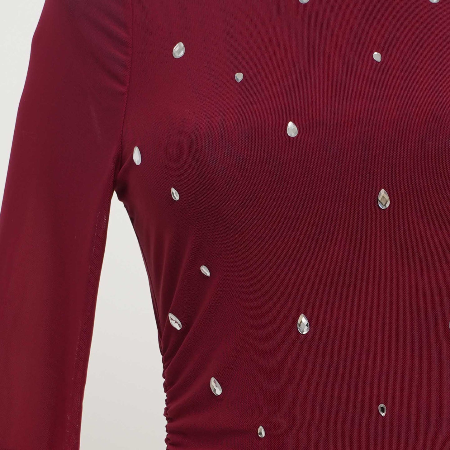Women's Mesh Long Sleeve Top with Rhinestone Embellishments – Sheer Slim Fit Blouse