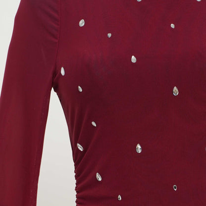 Women's Mesh Long Sleeve Top with Rhinestone Embellishments – Sheer Slim Fit Blouse