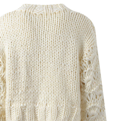 Cherie Code Women’s Cream Cable‑Knit Heart Pattern Sweater – Cozy Round Neck Long Sleeve Pullover