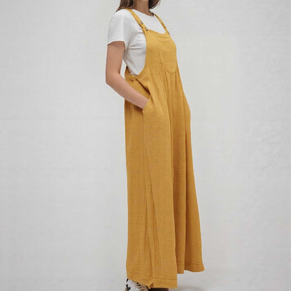 Woman Solid Color Wide-Leg Jumpsuit with Adjustable Straps and Pockets – Cherie Code