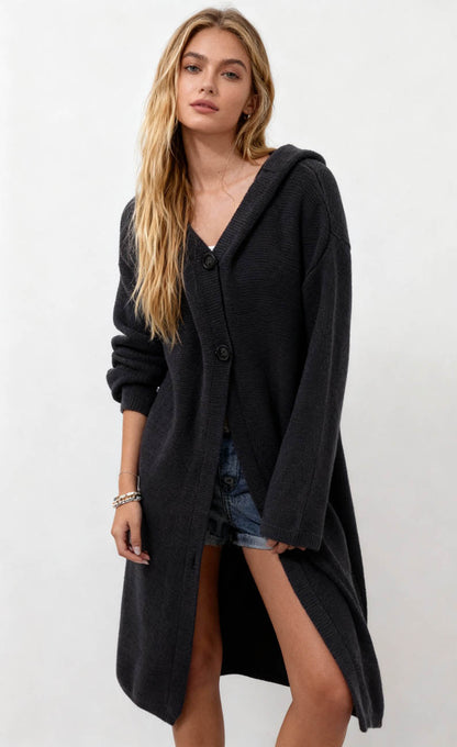 Cherie Code Women’s Hooded Long Knit Cardigan – Button‑Front Relaxed Fit Sweater Coat