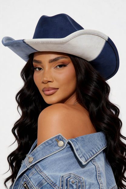 Women's Colorblock Cowboy Hat – Western Fedora Style with Blue & White Accent – Festival & Outdoor Accessory