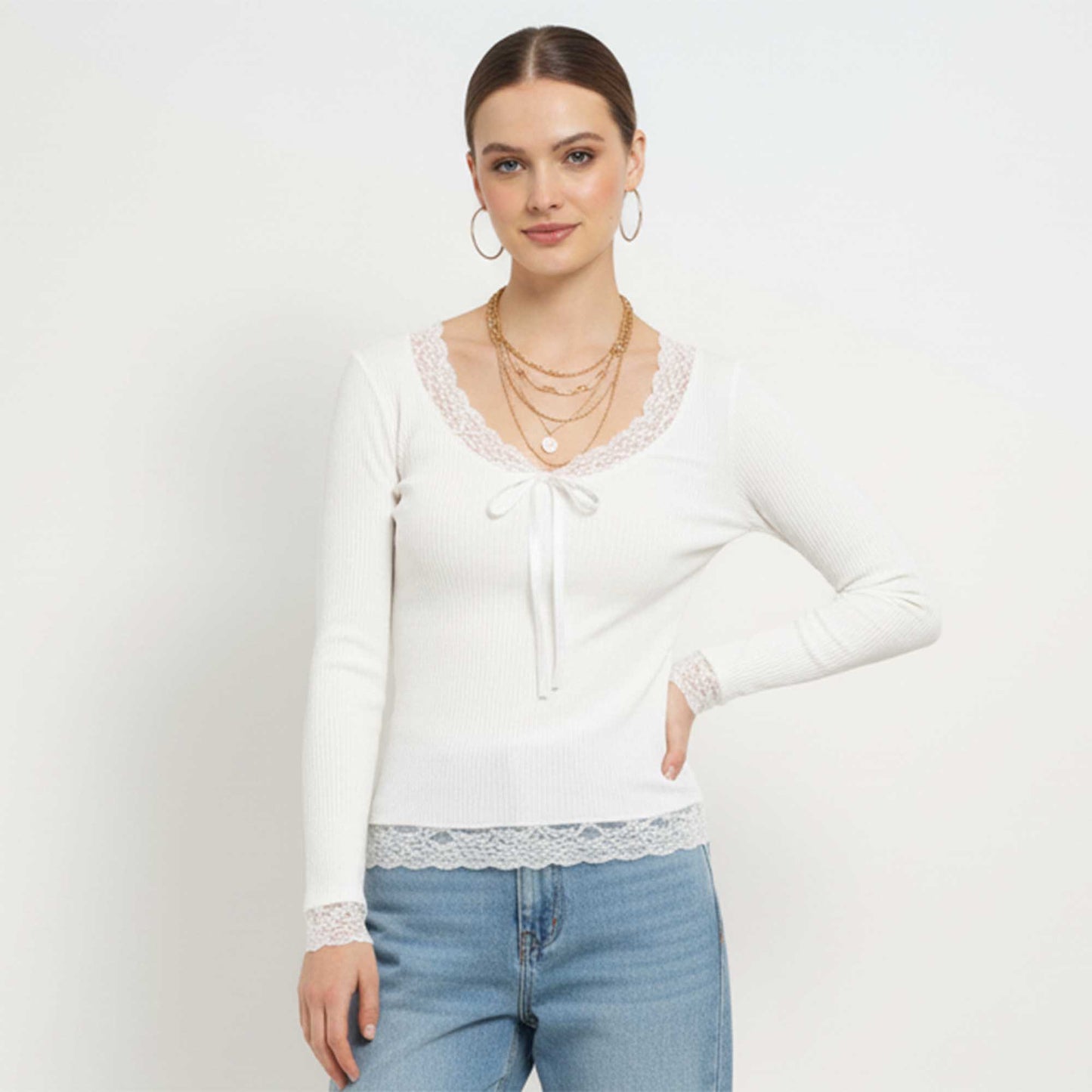 Cherie Code Women’s Lace‑Trim Ribbed Long‑Sleeve Top – Elegant Casual Knit Tee