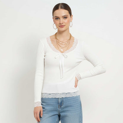 Cherie Code Women’s Lace‑Trim Ribbed Long‑Sleeve Top – Elegant Casual Knit Tee