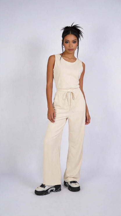 Cherie Code Women's Sleeveless Wide Leg Jumpsuit –  Soft Relaxed Fit Lounge Jumpsuit with Elastic Waist & Drawstring