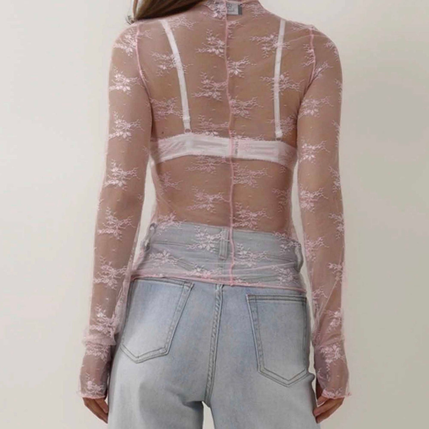 Women's Floral Lace Slim-Fit Top – Sheer Stretch Tee with Baby Overlock Edge Cherie Code