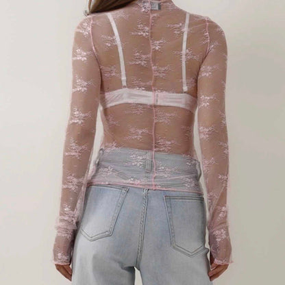 Women's Floral Lace Slim-Fit Top – Sheer Stretch Tee with Baby Overlock Edge Cherie Code