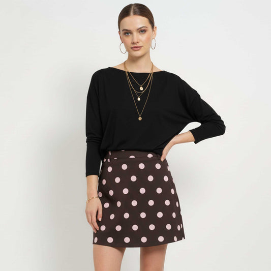 Cherie Code Women’s Polka‑Dot A‑Line Mini Skirt – Brown with Pink Dot Print Casual Chic
