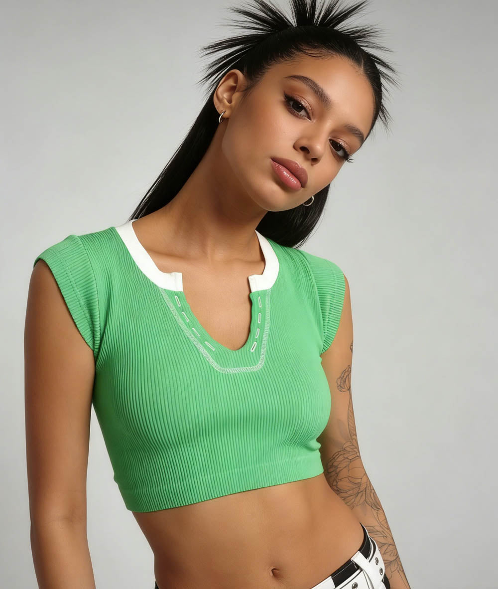 Cherie Code Women's Ribbed V-Neck Crop Top – Short Sleeve, Stretch Knit Tee