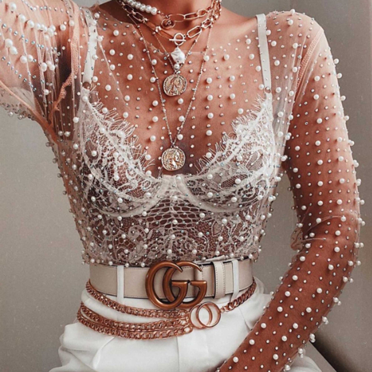 Women's Elegant Pearl & Rhinestone Sheer Top - Slim Fit Long Sleeve Layering Blouse Cherie Code