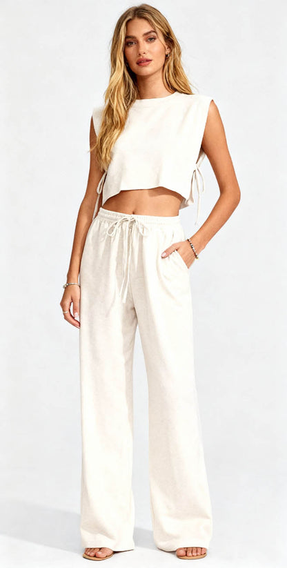 Cherie Code Women’s Casual Tie-Front Top and Wide-Leg Pants Set – Linen & Cotton Blend, Relaxed Fit, Khaki
