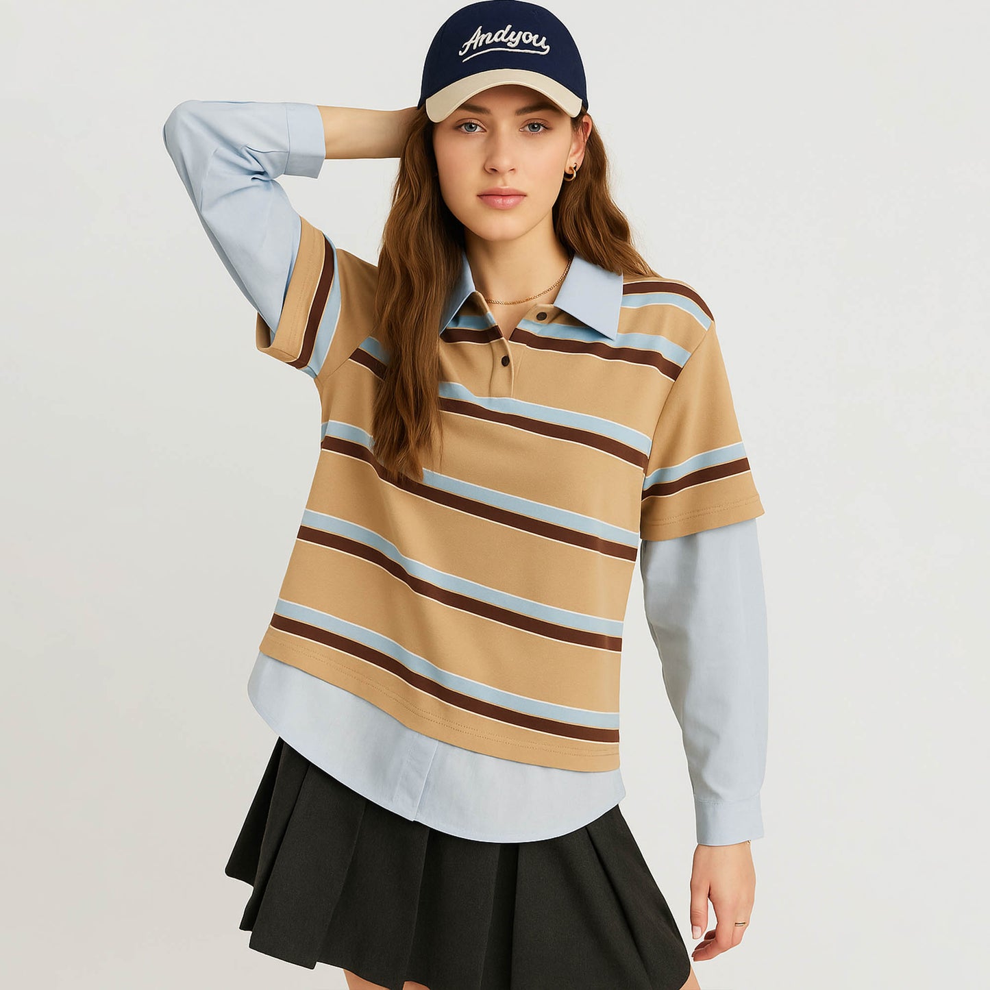 Cherie Code Women’s Stripe Polo Shirt – Cotton Blend, Short Sleeve, Oversized Fit