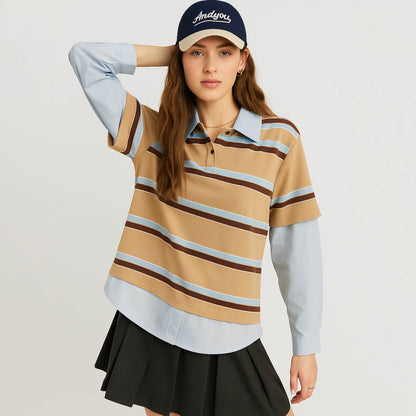Cherie Code Women’s Stripe Polo Shirt – Cotton Blend, Short Sleeve, Oversized Fit