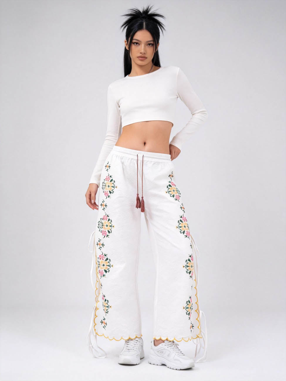 Women’s Embroidered Wide Leg Pants – Floral Drawstring High Waist Boho Lounge Trousers, Lightweight Polyester