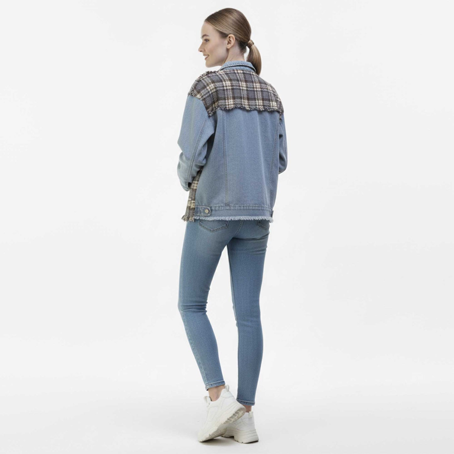 Cherie Code Women’s Patchwork Plaid Denim Jacket – Color‑Block Plaid