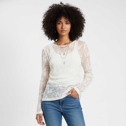 Cherie Code Women’s Mesh Pullover Top – Geometric Pattern, Long Sleeve, Sheer Knit