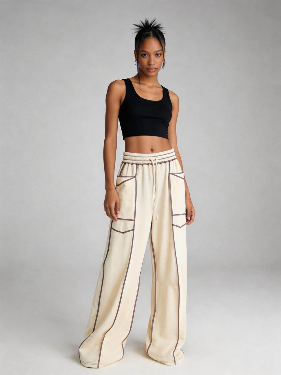 Cherie Code Women's High-Rise Wide Leg Pants with Drawstring and Pockets – Stretch Knit Casual Lounge Pants