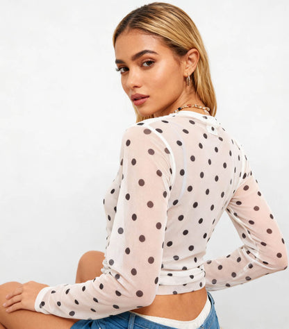 Cherie Code Women’s Long Sleeve Polka Dot Mesh Top with Stretch