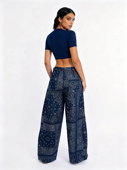 Cherie Code Women's High-Rise Wide Leg Bandana Print Jeans – Vintage Paisley Patchwork Denim Pants, Relaxed Fit Casual Streetwear