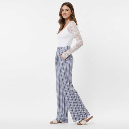 Cherie Code Women’s Wide Leg Checkered Pants - Casual Cotton Blend Trousers with Elastic Waist and Pockets