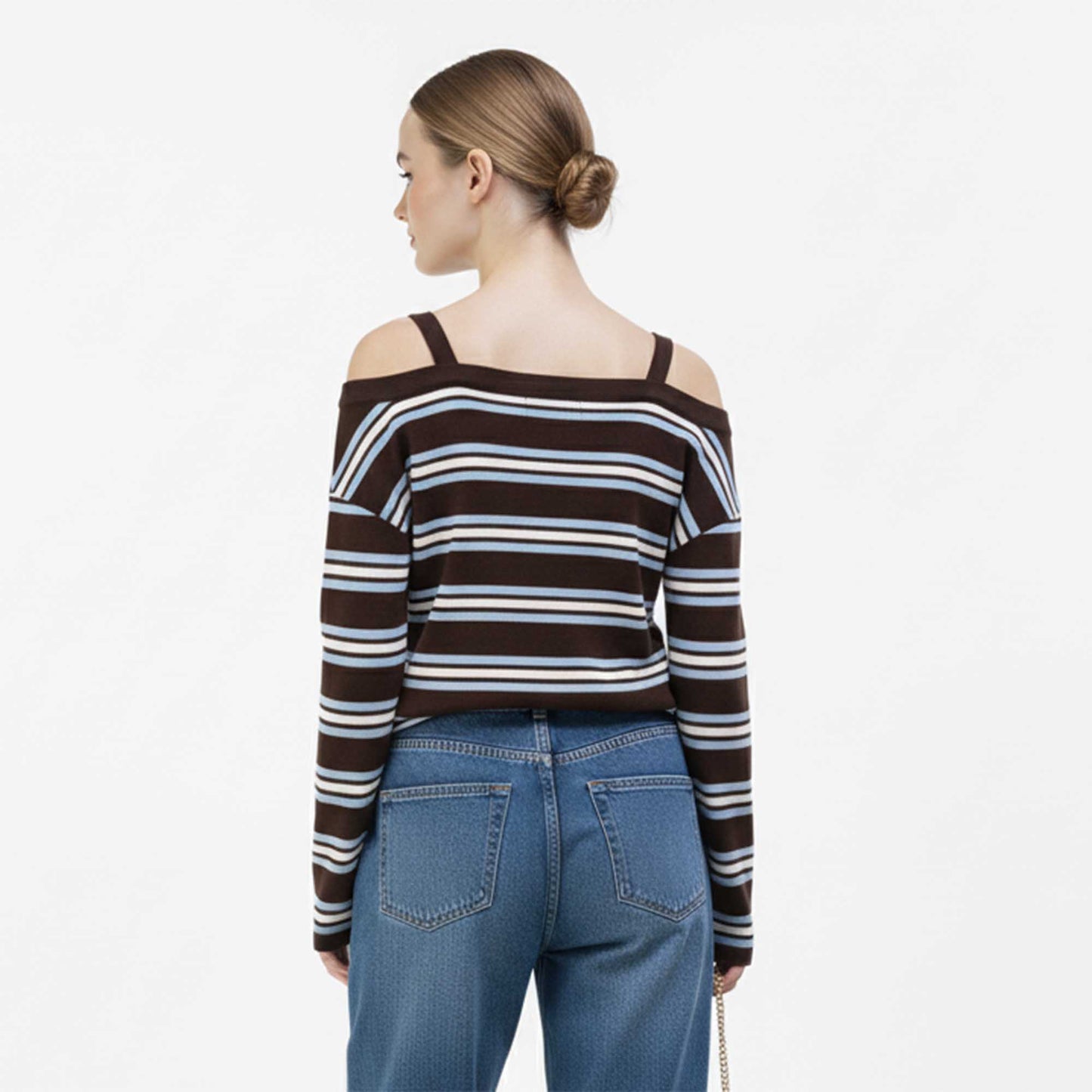 Cherie Code Women’s Ribbed Top – Stripe Pattern, Cold Shoulder, Button Placket