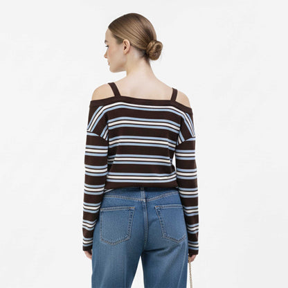 Cherie Code Women’s Ribbed Top – Stripe Pattern, Cold Shoulder, Button Placket