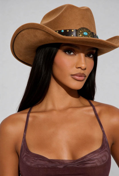 Women's Western Cowboy Hat with Studded Band – Faux Suede Wide Brim Cowgirl Hat for Festival, Rodeo & Casual Wear